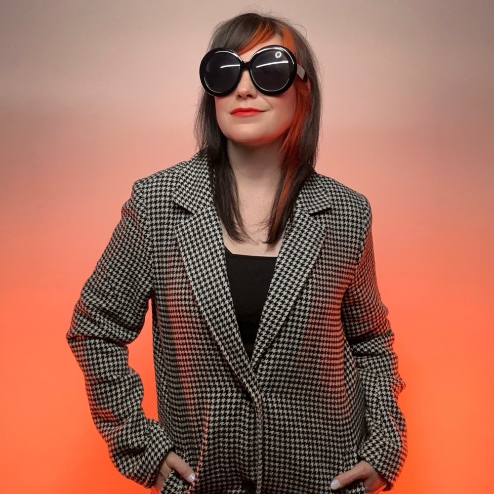 SHELBY COLLECTION / Black & White Houndstooth Long Coat / Medium / Retro Preppy
